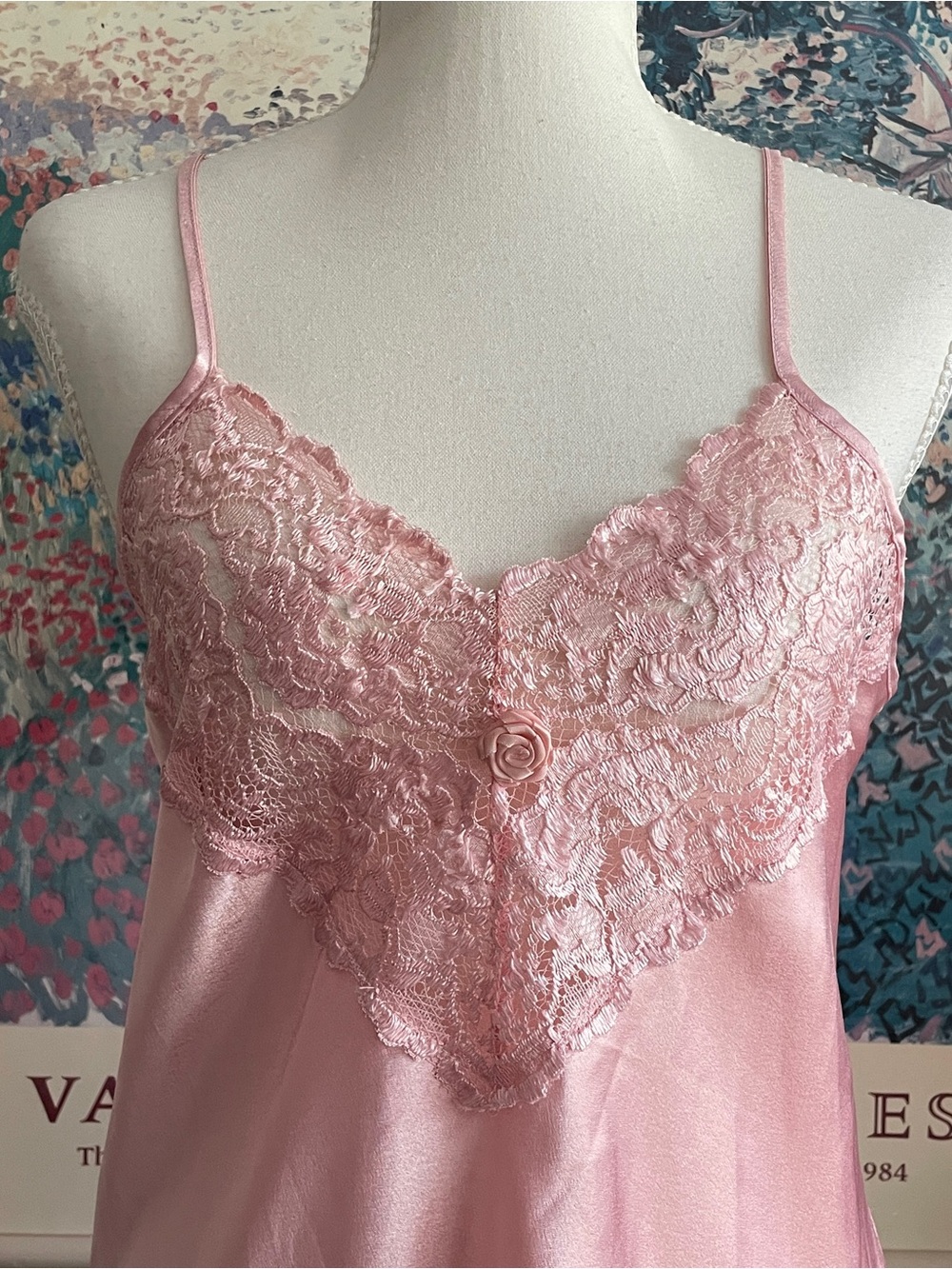 Vintage Slip Dress Small Pink Satin Lace Coquette Fairy Bridal Nightgown 90s - Picture 4 of 9